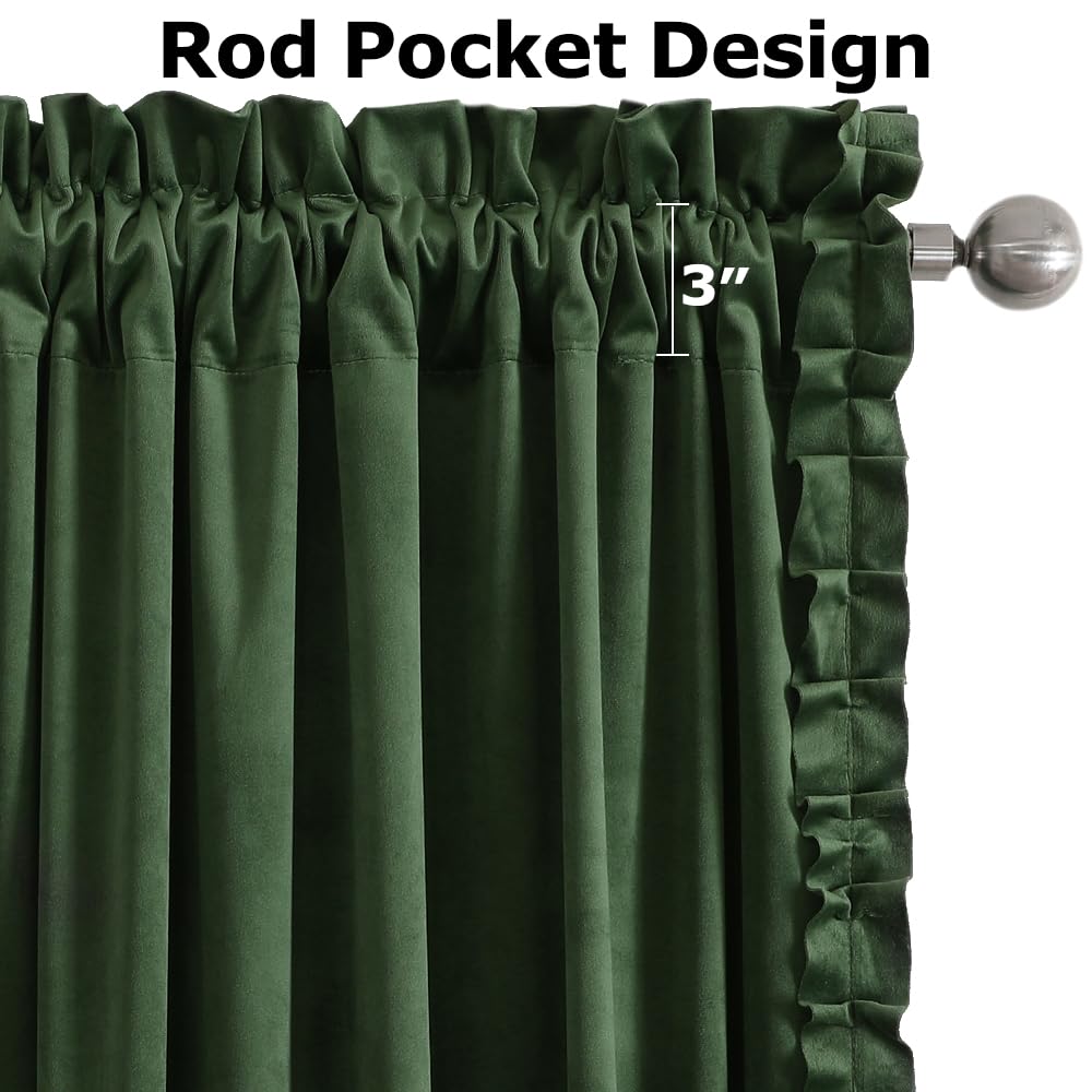 Green Ruffle Velvet Curtains for Bedroom, Shabby Chic Ruffle